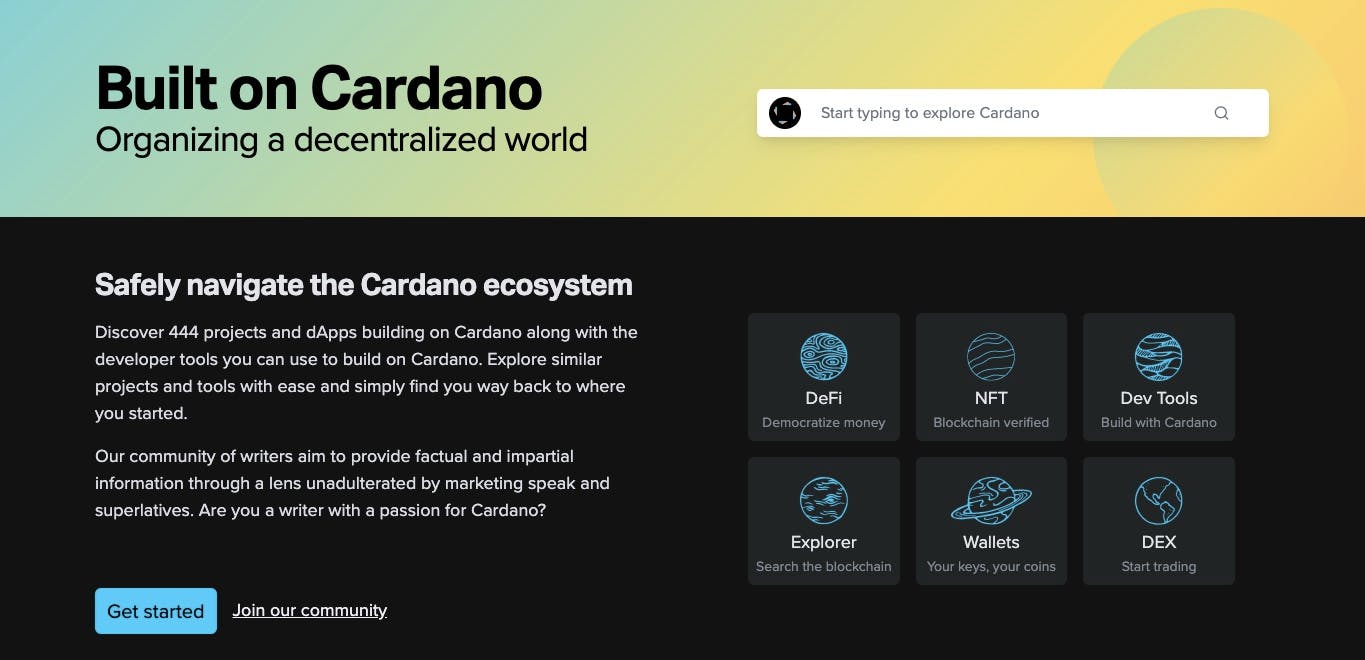 Built on Cardano - explore the Cardano ecosystem through an impartial lense